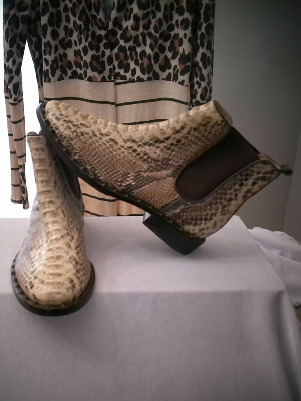 SCHUTZ Jodphur Boots Leather Soles Cream & Brown Snake Skin Design NWOT 37/6.5